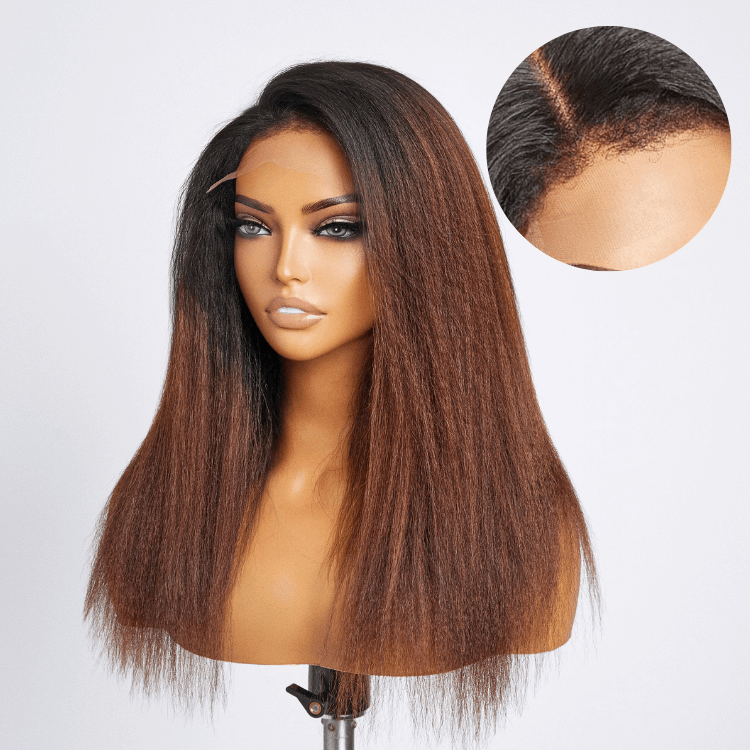 Kinky Edges Black To Brown Ombre Kinky Straight 5x5 Closure Lace Glueless Side Part Long Wig 100% Human Hair