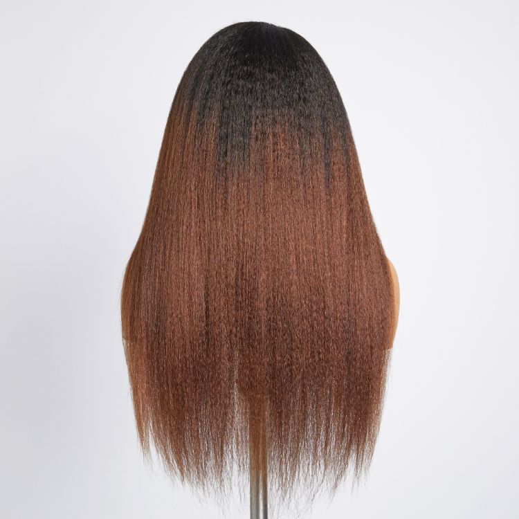 Kinky Edges Black To Brown Ombre Kinky Straight 5x5 Closure Lace Glueless Side Part Long Wig 100% Human Hair