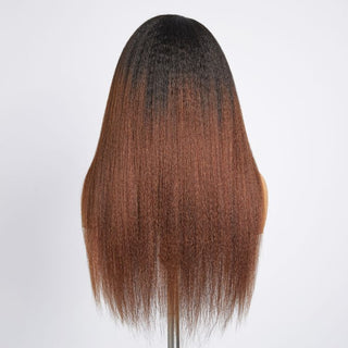 Kinky Edges Black To Brown Ombre Kinky Straight 5x5 Closure Lace Glueless Side Part Long Wig 100% Human Hair