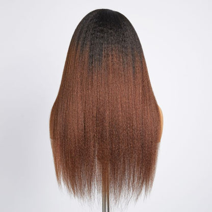 Kinky Edges Black To Brown Ombre Kinky Straight 5x5 Closure Lace Glueless Side Part Long Wig 100% Human Hair