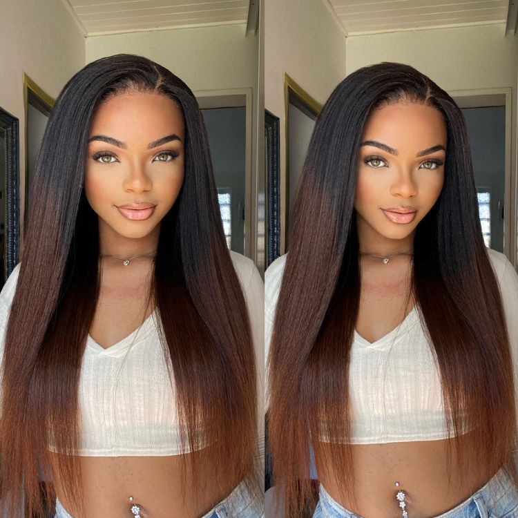 Kinky Edges Black To Brown Ombre Kinky Straight 5x5 Closure Lace Glueless Side Part Long Wig 100% Human Hair