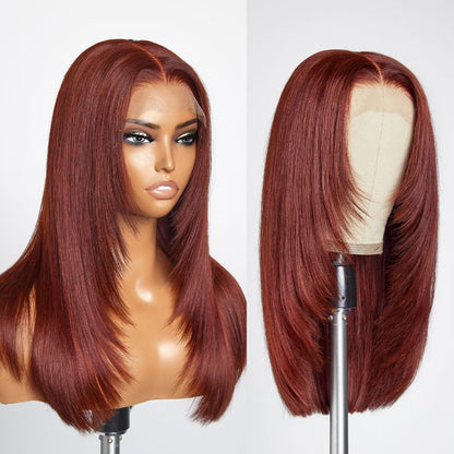 Limited Design | Reddish Brown Layered Silky Straight 5x5 Closure Lace Mid Part Long Wig 100% Human Hair