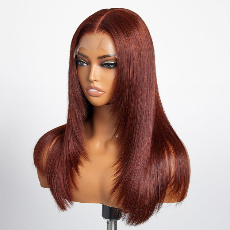 Limited Design | Reddish Brown Layered Silky Straight 5x5 Closure Lace Mid Part Long Wig 100% Human Hair