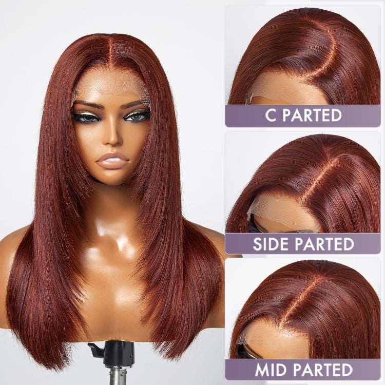 Limited Design | Reddish Brown Layered Silky Straight 5x5 Closure Lace Mid Part Long Wig 100% Human Hair