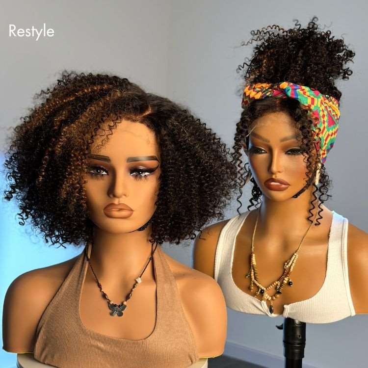 Afro Wigs Short Curly Wigs for Women Ombre Brown Kinky Curly Hair Wig Glueless 5x5 Closure Undetectable  Lace Wig 180% density