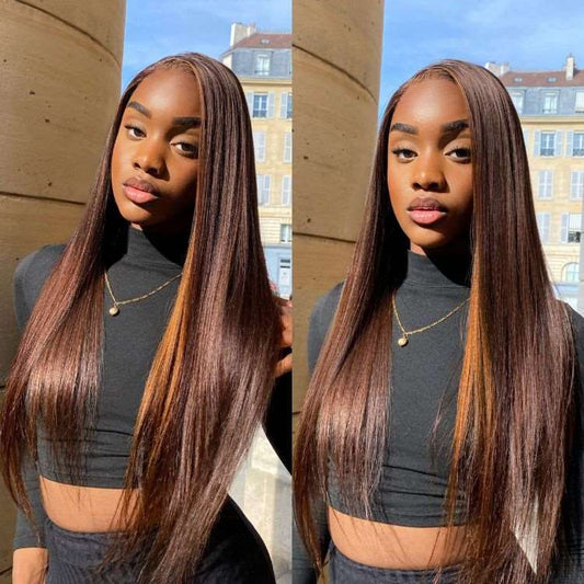 Brown With Blonde Highlight Silky Straight Glueless 5x5 Closure Lace Wig 100% Human Hair