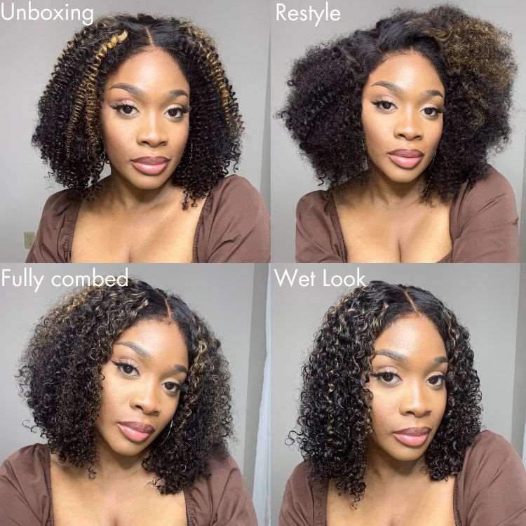 Afro Wigs Short Curly Wigs for Women Ombre Brown Kinky Curly Hair Wig Glueless 5x5 Closure Undetectable  Lace Wig 180% density