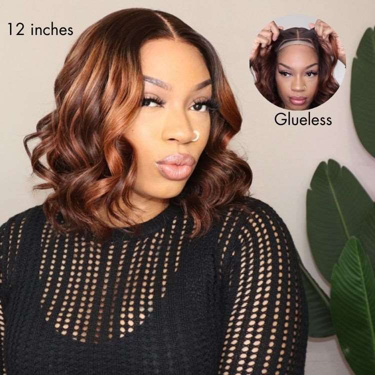 Elegant Brown Ombre Loose Wave  4x4 Lace Glueless Short Wig 100% Human Hair