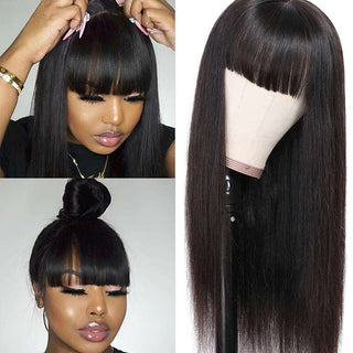 Brazilian Virgin Straight Human Hair Wigs with Bangs 150% Density None Lace Front Wigs Glueless Machine Made Wigs