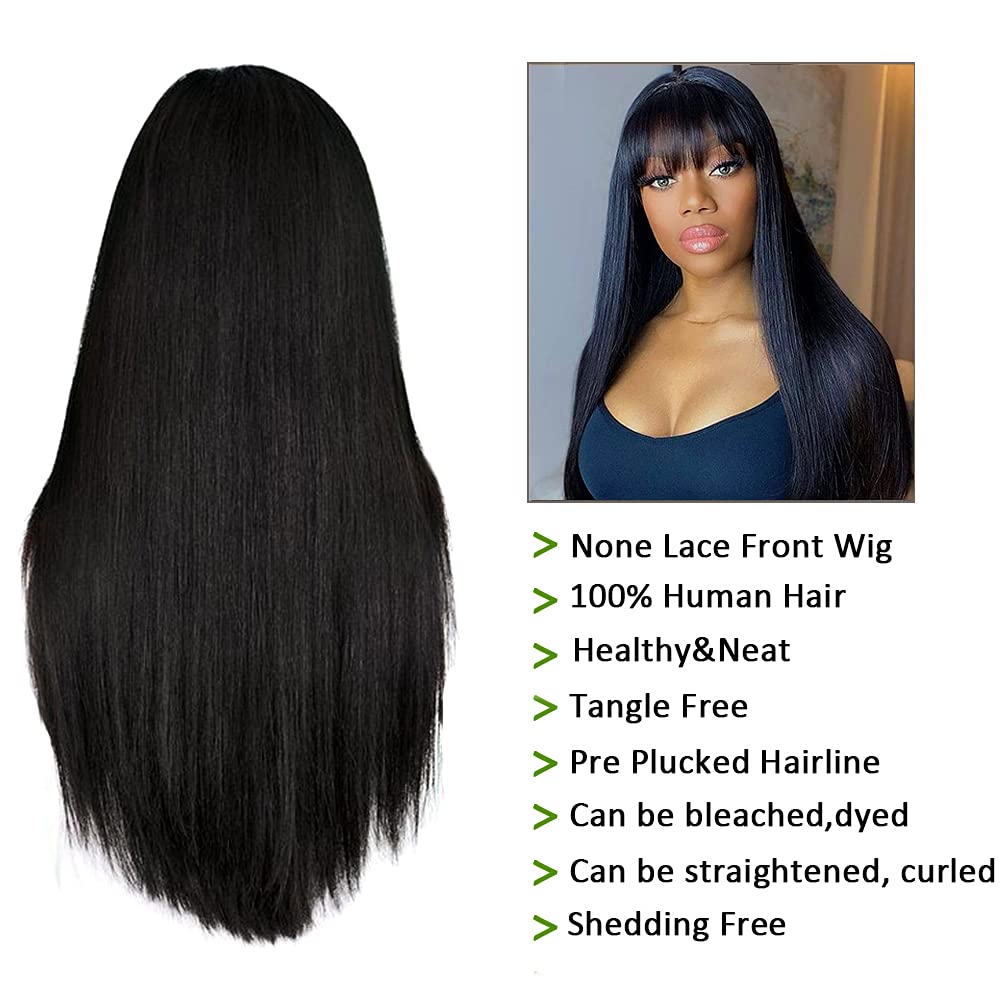 Brazilian Virgin Straight Human Hair Wigs with Bangs 150% Density None Lace Front Wigs Glueless Machine Made Wigs