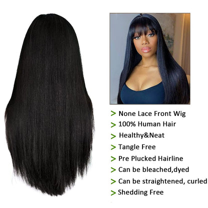 Brazilian Virgin Straight Human Hair Wigs with Bangs 150% Density None Lace Front Wigs Glueless Machine Made Wigs