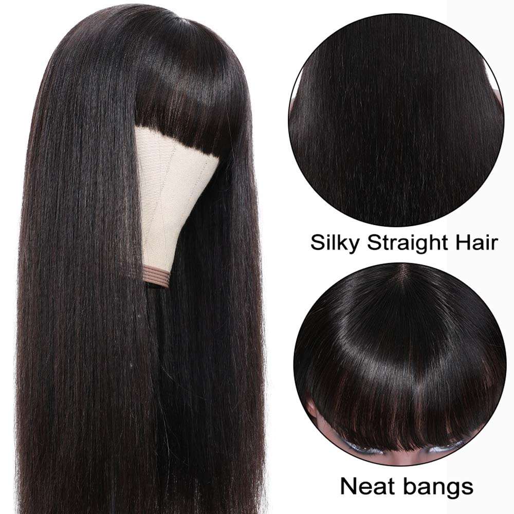 Brazilian Virgin Straight Human Hair Wigs with Bangs 150% Density None Lace Front Wigs Glueless Machine Made Wigs