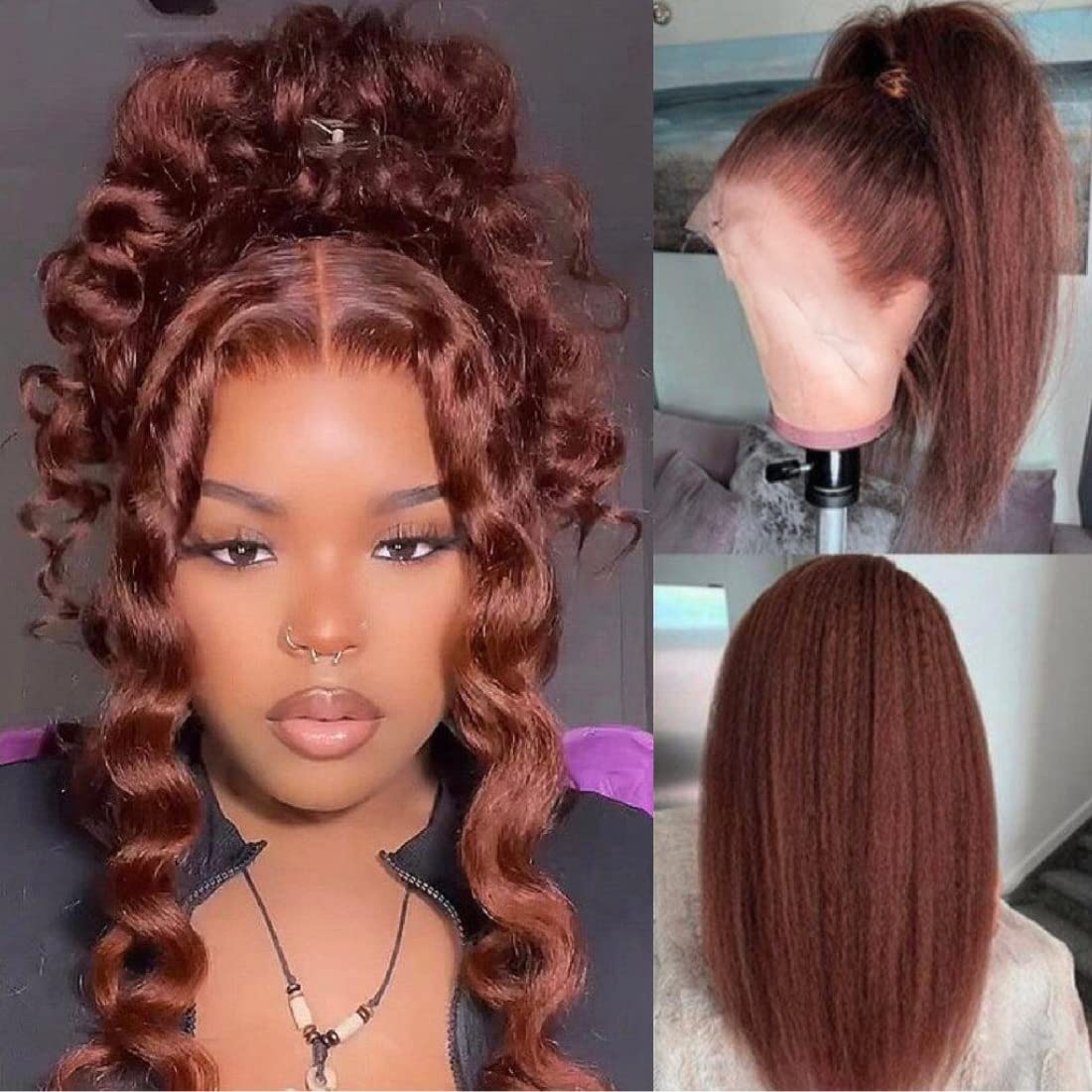 Reddish Brown Kinky Straight 13X4 Lace Front Wigs Glueless Human Hair