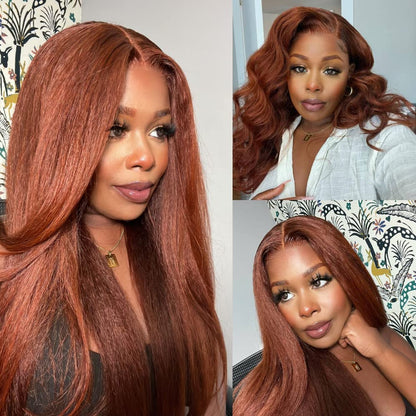 Reddish Brown Kinky Straight 13X4 Lace Front Wigs Glueless Human Hair