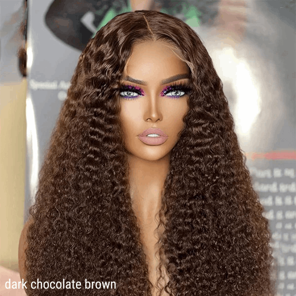 Chocolate Brown Long Curly Glueless 5x5 Closure Long Wig 100% Human Hair