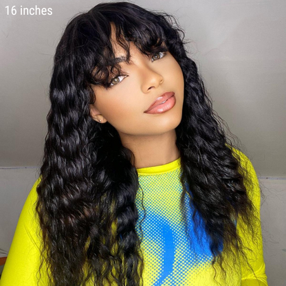 Romantic Bohemian Curly 5X5 Lace Glueless Long Wig with Cute Bangs 100% Human Hair