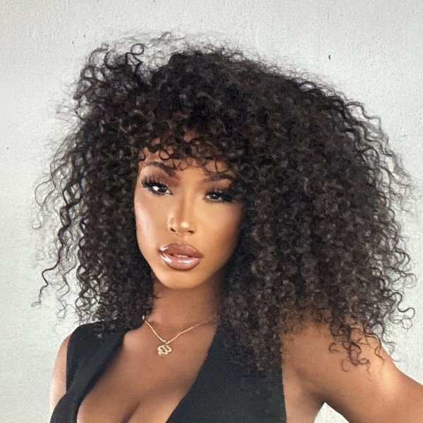 200% Density Bouncy Shaggy Curly 5x5 Lace Long Wig With Bangs 100% Human Hair - LIBEAUTY HAIR