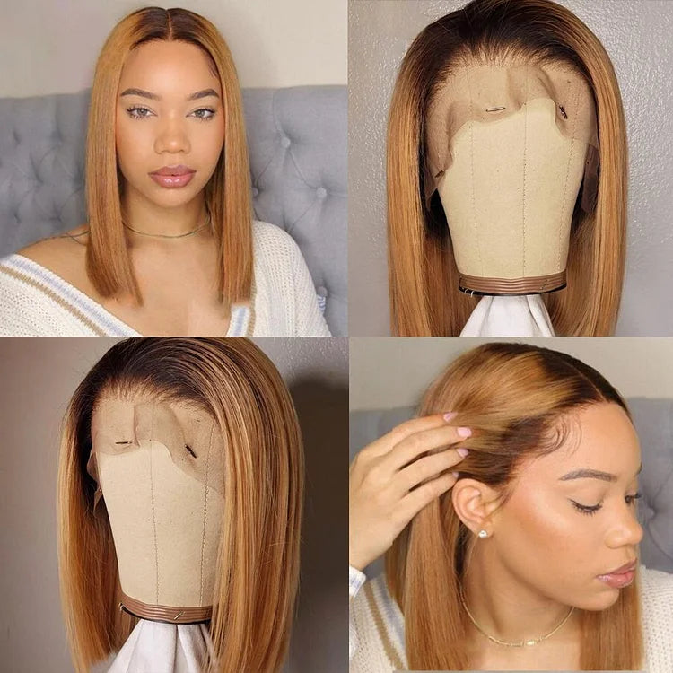 200% Silky Straight Black Roots Ombre Honey Brown Lace Frontal Bob Wig