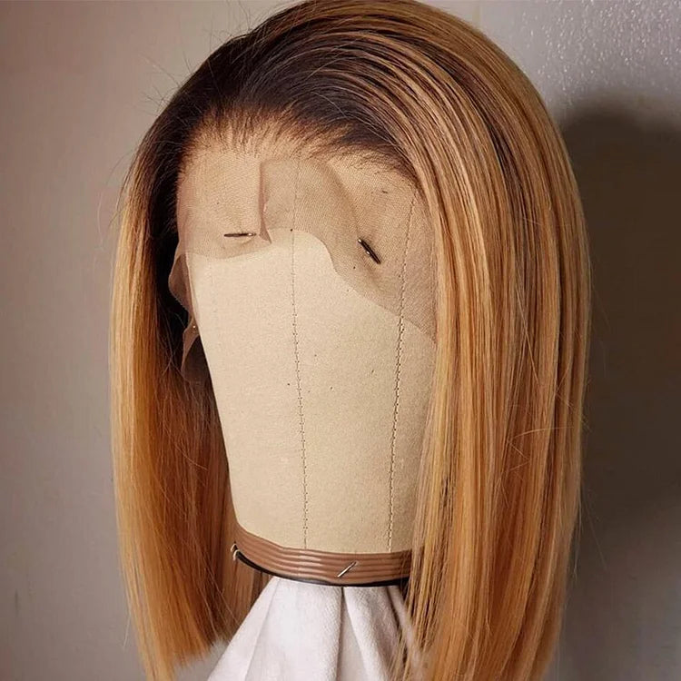 200% Silky Straight Black Roots Ombre Honey Brown Lace Frontal Bob Wig