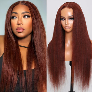Reddish Brown Kinky Straight 13X4 Lace Front Wigs Glueless Human Hair