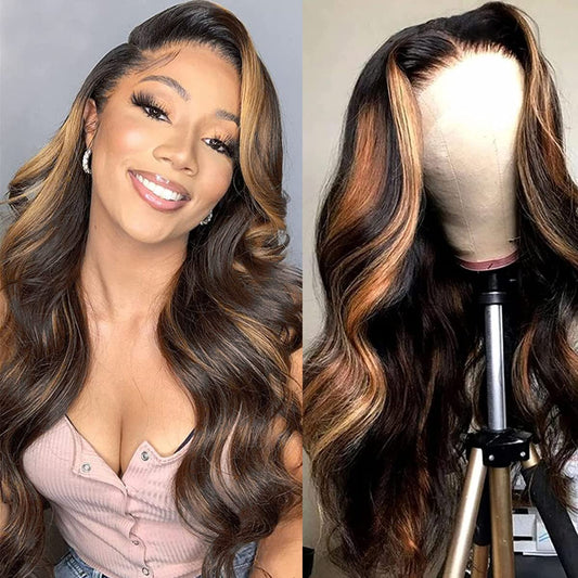 Valentine's Day Sale|Brown Highlight Lace Front Wig 4x4 Human Hair Body Wave Ombre Lace Closure Wig Pre Plucked with Baby Hair