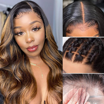 Valentine's Day Sale|Brown Highlight Lace Front Wig 4x4 Human Hair Body Wave Ombre Lace Closure Wig Pre Plucked with Baby Hair