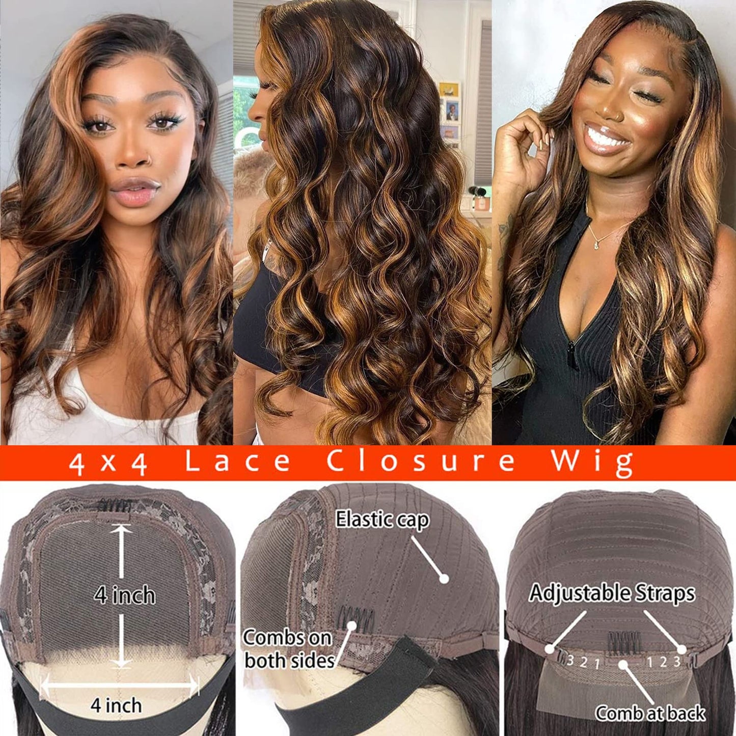 Valentine's Day Sale|Brown Highlight Lace Front Wig 4x4 Human Hair Body Wave Ombre Lace Closure Wig Pre Plucked with Baby Hair