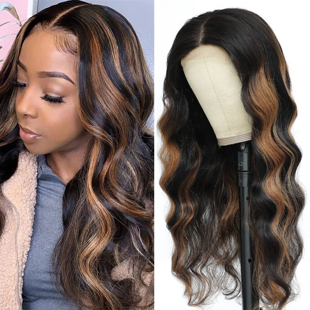 Valentine's Day Sale|Brown Highlight Lace Front Wig 4x4 Human Hair Body Wave Ombre Lace Closure Wig Pre Plucked with Baby Hair