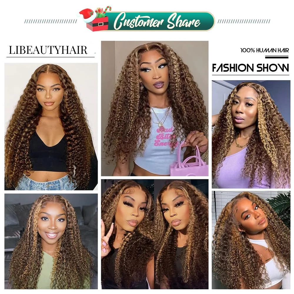 4/27 Highlight 13x4 Lace Front Curly Wave Ombre Honey Blonde HD Lace Wigs Human Hair