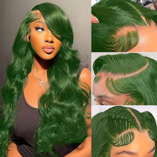 Colorful Bird Body Wave Lace Front Wigs Human Hair Dark Green 13x4  Lace Frontal Wigs