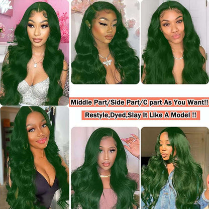 Colorful Bird Body Wave Lace Front Wigs Human Hair Dark Green 13x4  Lace Frontal Wigs