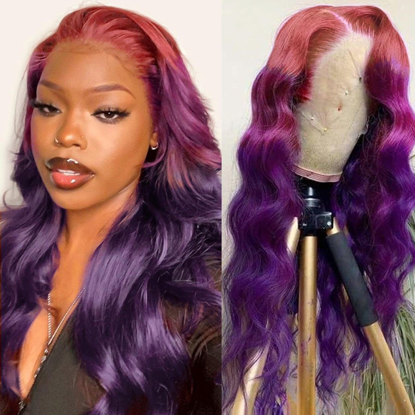 Body Wave 3 Tone Pink to Purple Glueless Wig human Hair