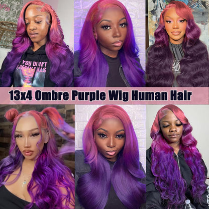 Body Wave 3 Tone Pink to Purple Glueless Wig human Hair