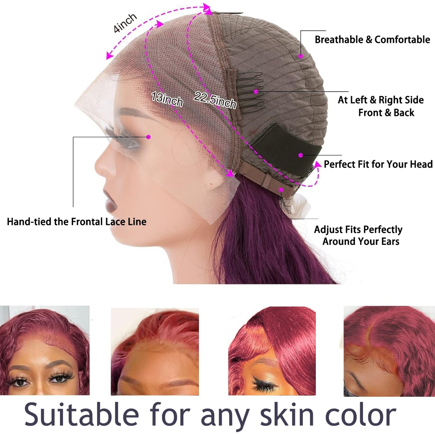 Body Wave 3 Tone Pink to Purple Glueless Wig human Hair