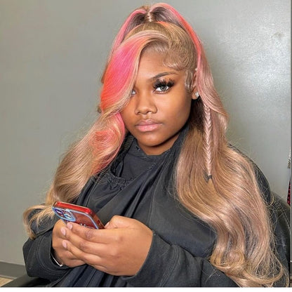 Pink Highlights In Brown Hair Wave Lace Front Wig