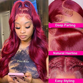 99J Burgundy Body Wave Lace Front Wigs Human Hair Pre Plucked 13X4 HD Transparent Lace 180 Density