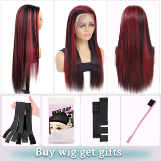 Highlight Red Lace Front Wig Human Hair Pre Plucked Colored Straight Wig