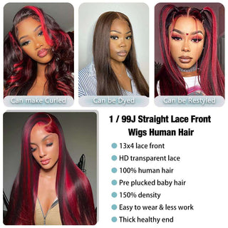 Highlight Red Lace Front Wig Human Hair Pre Plucked Colored Straight Wig