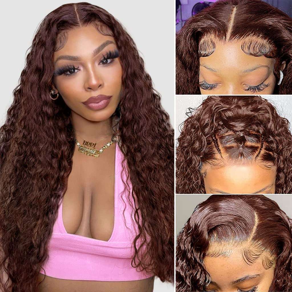 Brown Water Wave 5X5 Closure Lace Glueless Mid Part Long Wig 100% Human Hair