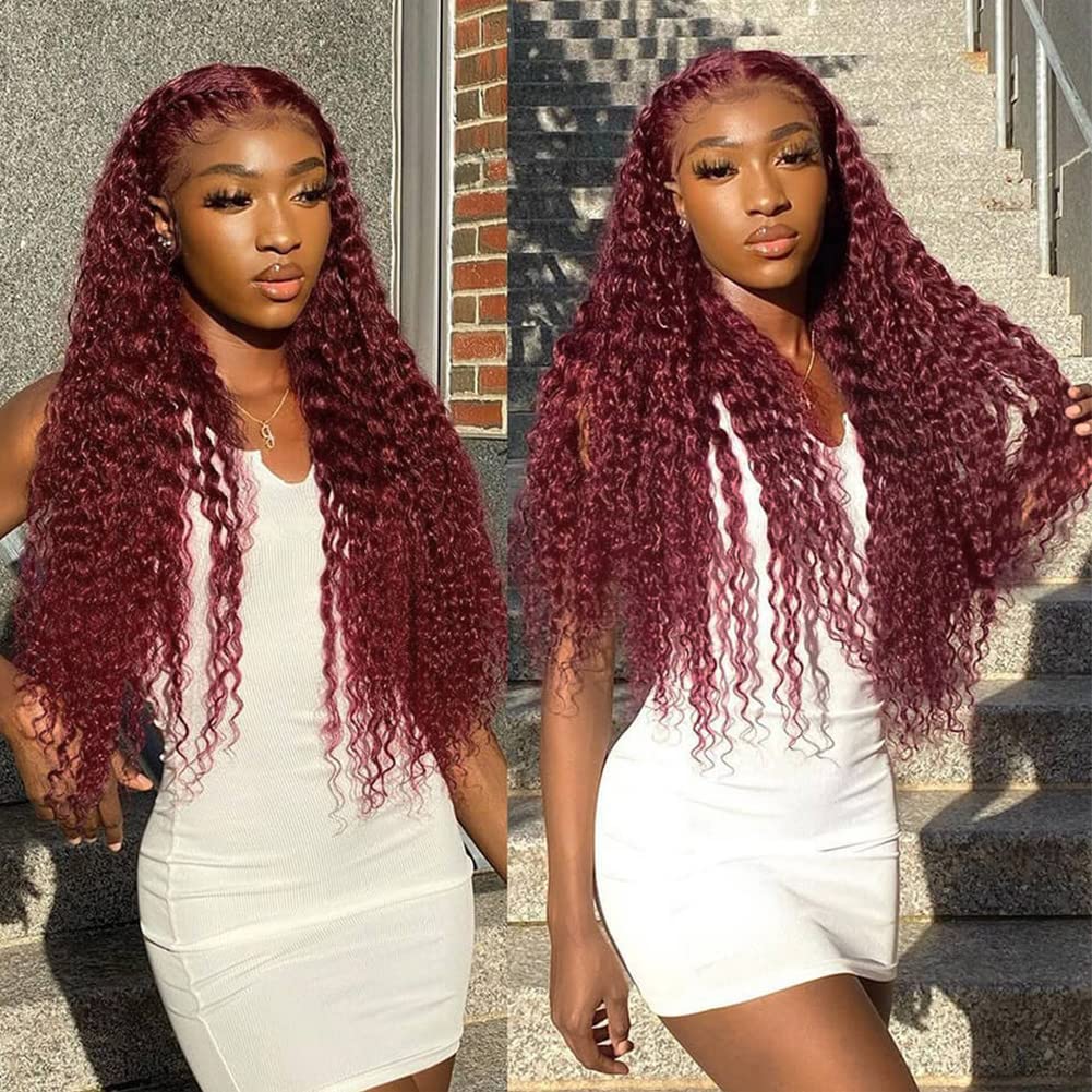 99J Burgundy 13x4 HD Lace Water Wave Curl Human Hair Wig