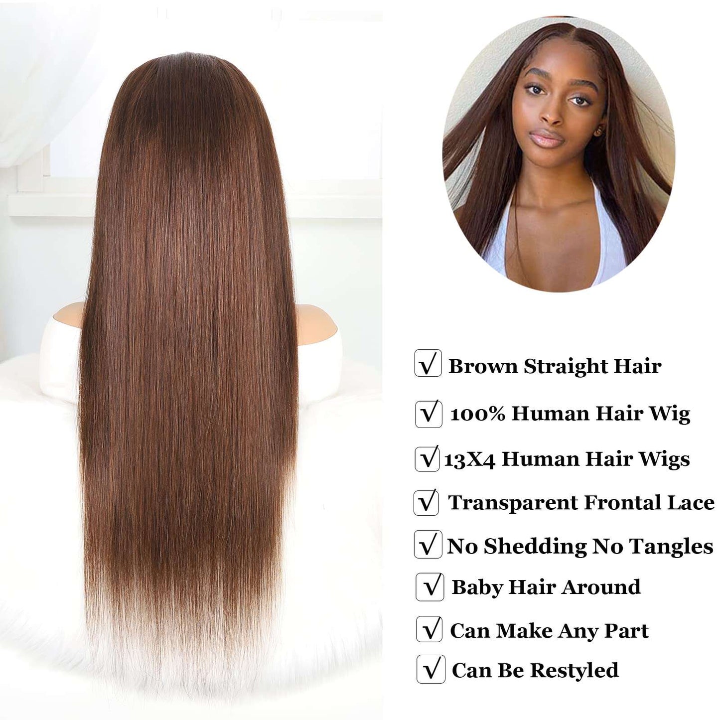 Chocolate Brown Straight Lace Front Wigs Human Hair HD Transparent 13x4 Straight Lace Front Wigs Human Hair Pre Plucked With Baby Hair For Black Women 12A