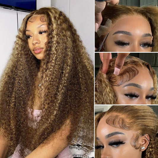 4/27 Highlight 13x4 Lace Front Curly Wave Ombre Honey Blonde HD Lace Wigs Human Hair