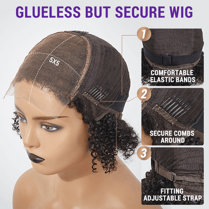 Kinky Curly Glueless Curly Bob Wig Black Pixie Curly Hair  5x5 Closure Lace Glueless Side Part Short Wig 100% Human Hair