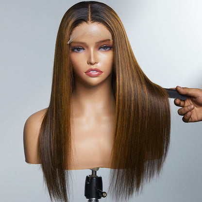 Limited Design | Brown Blonde Mix Silky Straight 5x5 Closure Lace Glueless Long Wig 100% Human Hair