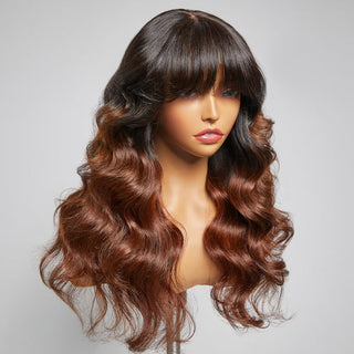Limited Design | Brown Ombre Loose Body Wave With Bangs 4x4 Closure Lace Glueless Wig 100% Human Hair