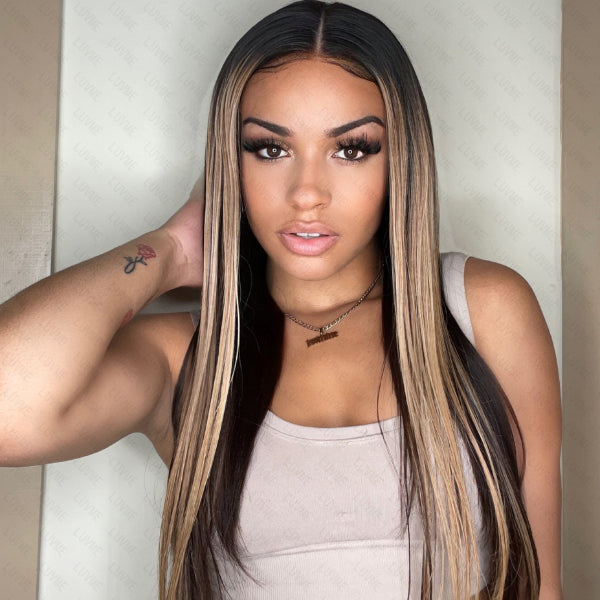 Blonde Highlights Straight Undetectable Transparent 13x4 HD Lace Frontal Wig