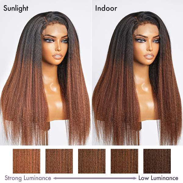 Kinky Edges Black To Brown Ombre Kinky Straight 5x5 Closure Lace Glueless Side Part Long Wig 100% Human Hair