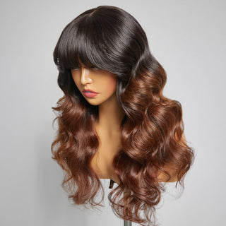 Limited Design | Brown Ombre Loose Body Wave With Bangs 4x4 Closure Lace Glueless Wig 100% Human Hair