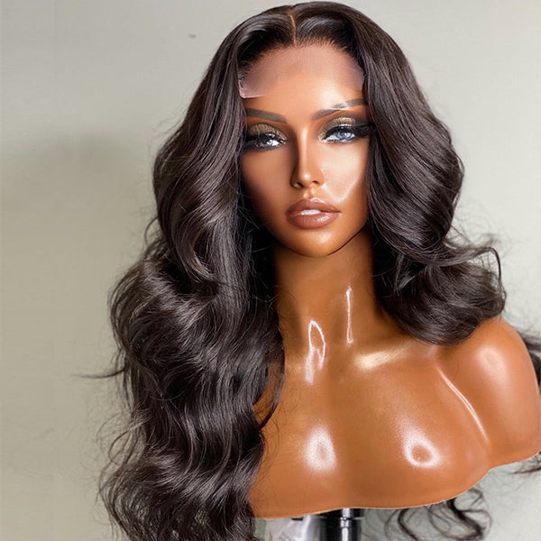 Natural Black Body Wave 4x4 Closure Lace Glueless Mid Part Long Wig 100% Human Hair