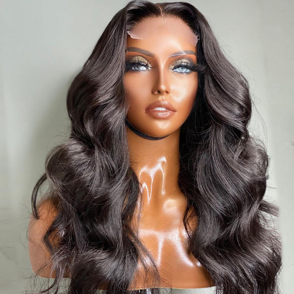 Natural Black Body Wave 4x4 Closure Lace Glueless Mid Part Long Wig 100% Human Hair